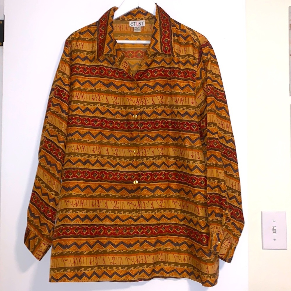 Vintage Stunt 100% Silk Plus Size Button Down Blouse, 1X​